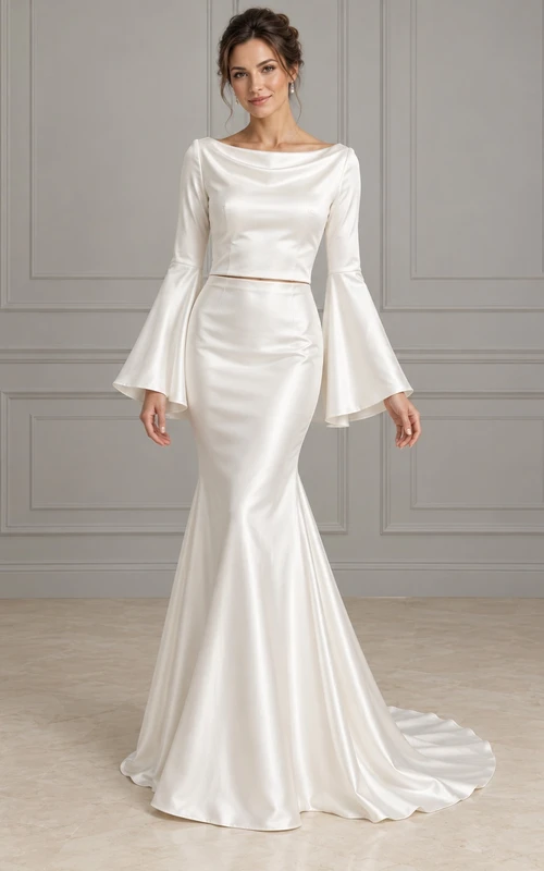 Two Piece Mermaid Cowl Neck Long Bell Sleeve Wedding Dress