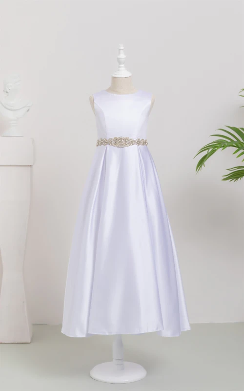 Vestido de niña de flores liso, sin mangas, de satén, con escote redondo y cintura abalorio.