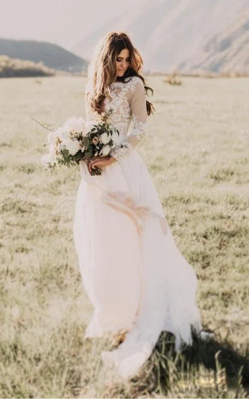 Robe de mariée bohème champêtre | Robe de mariée vintage modeste à manches longues style western pour une fugue amoureuse
