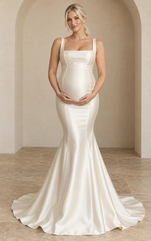 Robe de mariée de maternité sirène simple à encolure carrée et bretelles en satin avec traîne