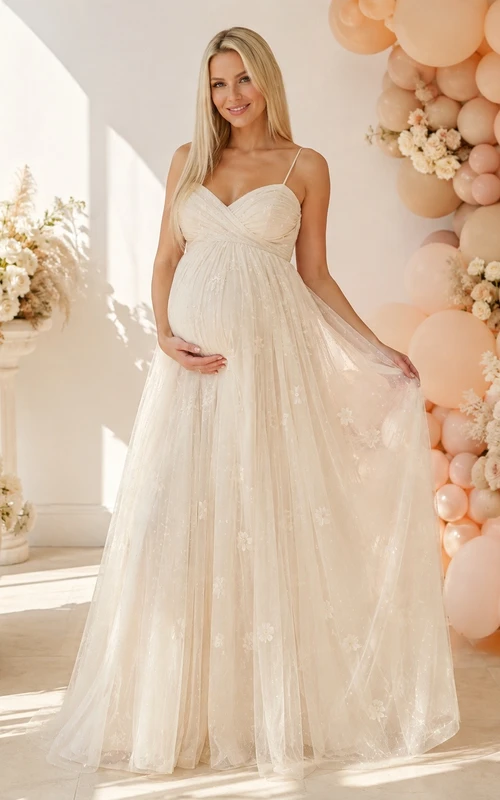 Ivory Maternity Sweetheart Sleeveless Tulle Floor-length A-line Romantic Formal Dress