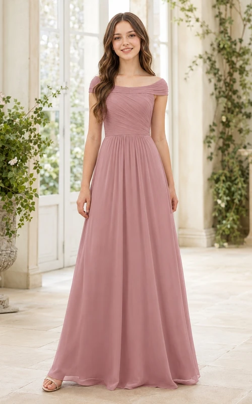 Vestido de dama de honor juvenil color rosa empolvado, corte en A, hombros descubiertos, mangas cortas.