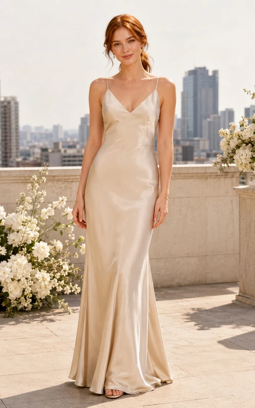 Robe fourreau en satin à fines bretelles et décolleté en V pour séance photo de fiançailles au champagne
