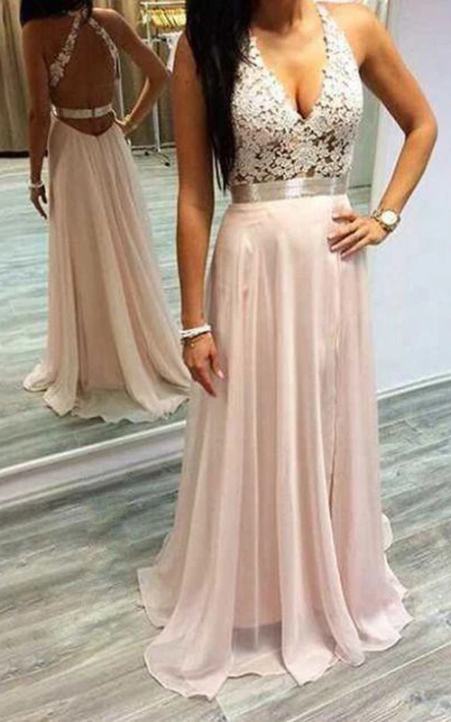 Chiffon-Abendkleid in A-Linie, ärmellos, sexy und bodenlang, mit Spitze und Rüschen