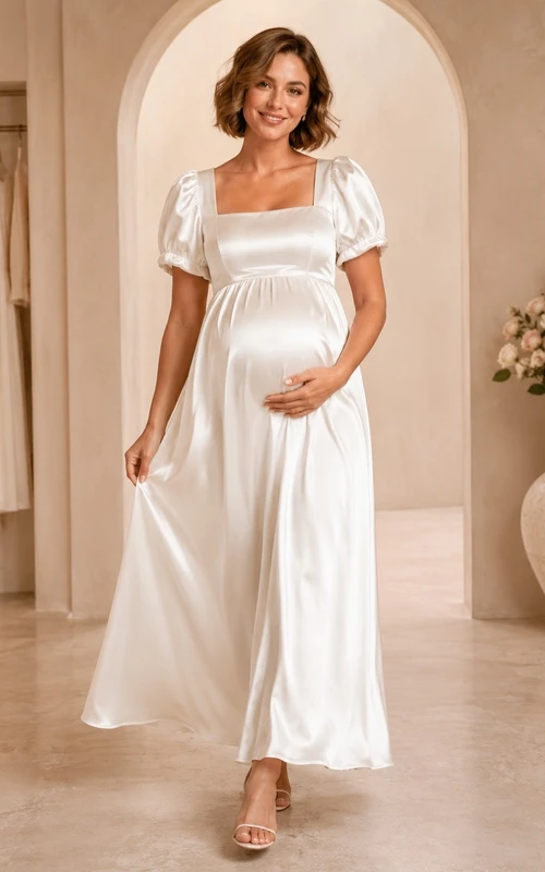 Maternity Square Neck Short Sleeve Satin A-Line Wedding Dress