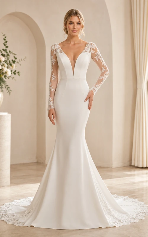 Robe de mariée sirène à manches longues en dentelle, col en V et dos illusion, style chapelle