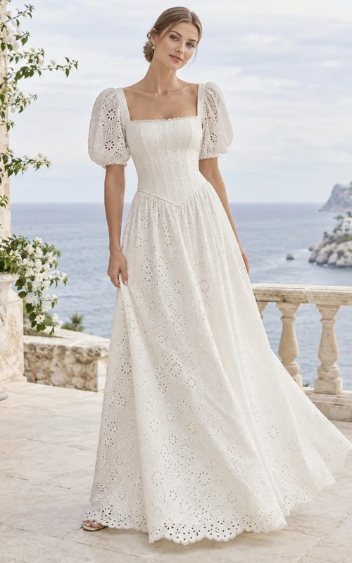Vestido de novia romántico de corte A, largo hasta el suelo, con cintura entallada, escote cuadrado y mangas cortas de encaje floral.