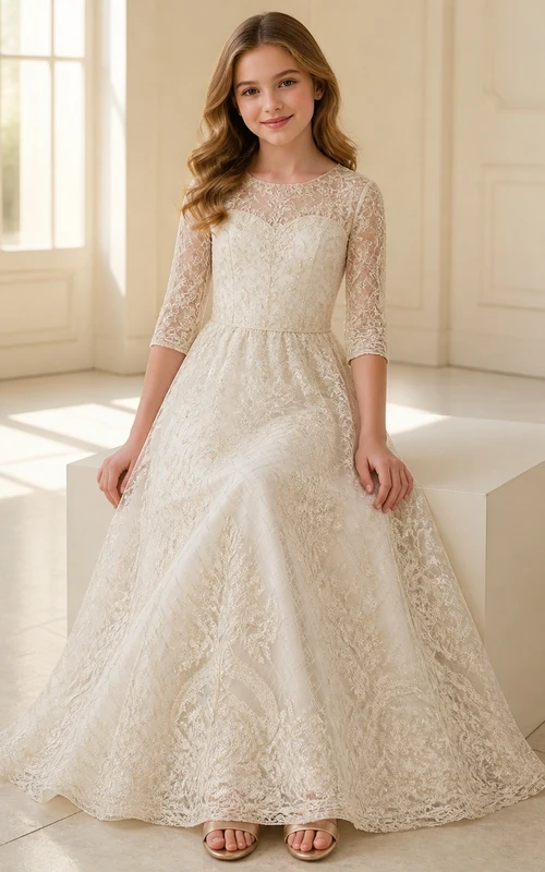 Vestido de novia vintage de encaje con escote redondo y mangas tres cuartos, corte en A, modesto.