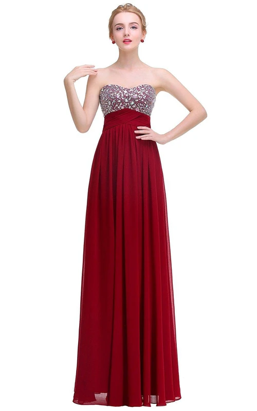 Robe longue empire trapèze à décolleté cœur ornée de sequins