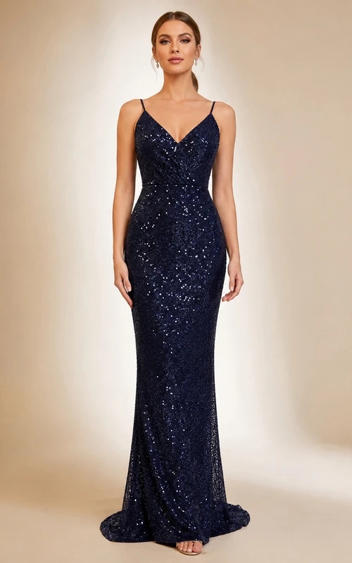 Dark Navy Spaghetti Sequin Petite Mermaid Dress