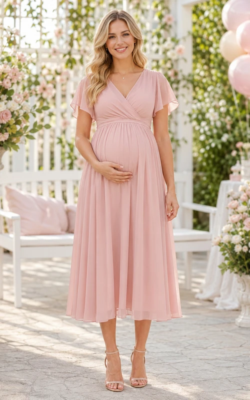 Vestido de ducha de gasa de corte imperio, largo hasta la rodilla, color rosa rubor, escote en V, mangas con volantes y para embarazadas.