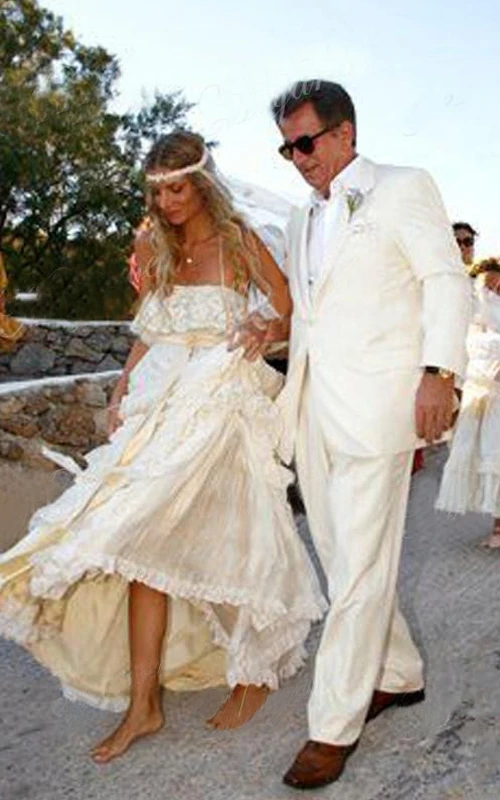 Vestido de novia bohemio playero sin mangas, de corte A, con tirantes finos, volantes y espalda descubierta, estilo A, sexy y largo hasta el suelo.