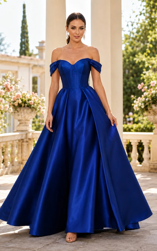 Königsblaues, schulterfreies, herzförmiges, plissiertes Luxus-Ballkleid aus Satin
