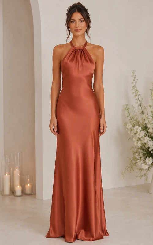 Vestido de dama de honor de satén de cuello alto color papaya