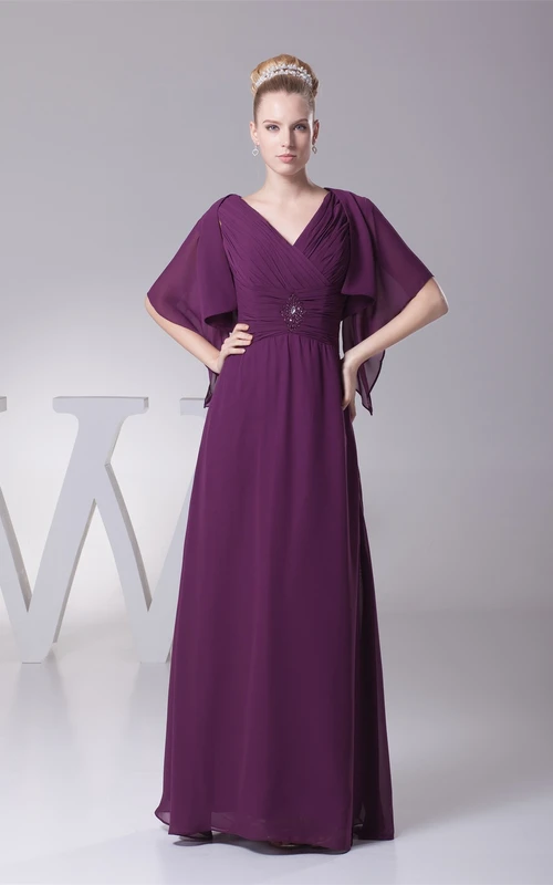 Plunged Chiffon Floor-Length Criss-Cross Bolero and Dress With Broach