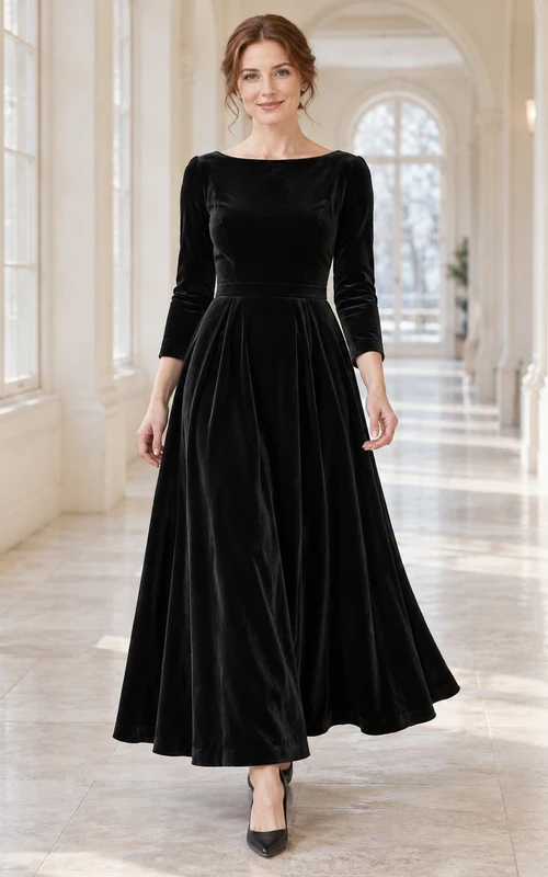 Vestido de dama de honor de terciopelo negro con escote barco, mangas tres cuartos y largo hasta los tobillos