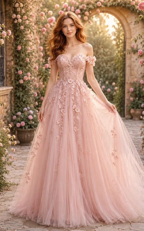 Vestido de fiesta formal romántico de corte A con cola, escote Bardot, tul con apliques florales, escote Bardot y escote A.