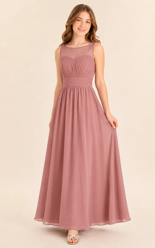 Elegantes, ärmelloses Chiffonkleid in Altrosa für junge Brautjungfern, A-Linie, eckiger Schnitt.