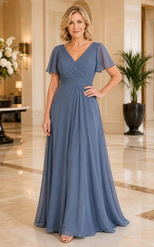 Schieferblaues Chiffon-Kleid in A-Linie mit V-Ausschnitt und Volantärmeln