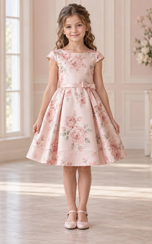 Tea-length Blush Floral Cap Sleeve Side Bow Satin Flower Girl Dress