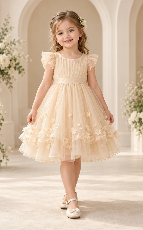 Teelanges champagnerfarbenes A-Linien-Kleid aus floralem Tüll mit flatternden Ärmeln und gerafftem Stufenrock für Blumenmädchen