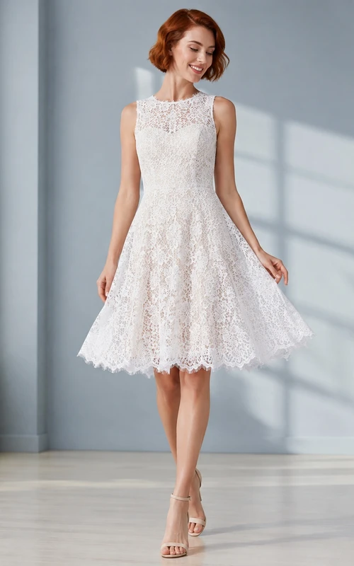Modest High Neck Sleeveless Lace A-Line Knee-Length Courthouse Wedding Dress