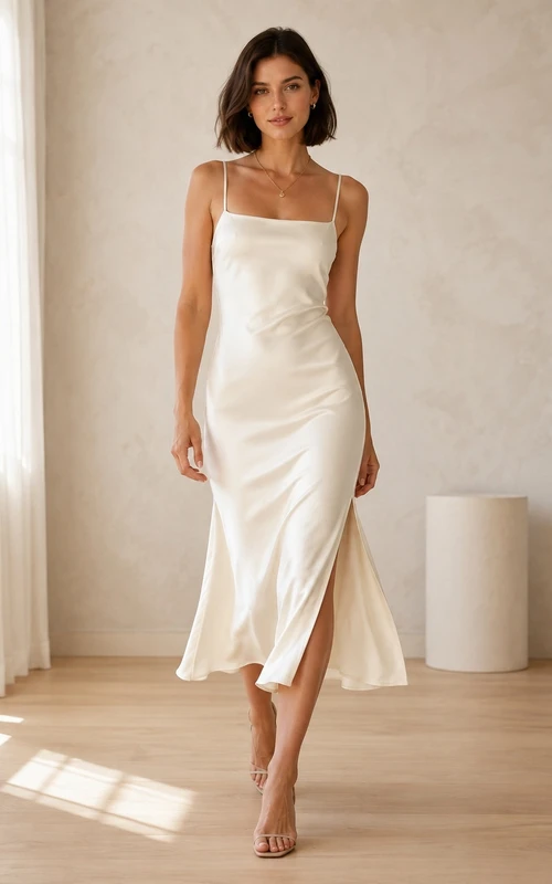 Spaghetti Strap Square Neck Satin Sheath Ankle-Length Side-Slit Cocktail Dress