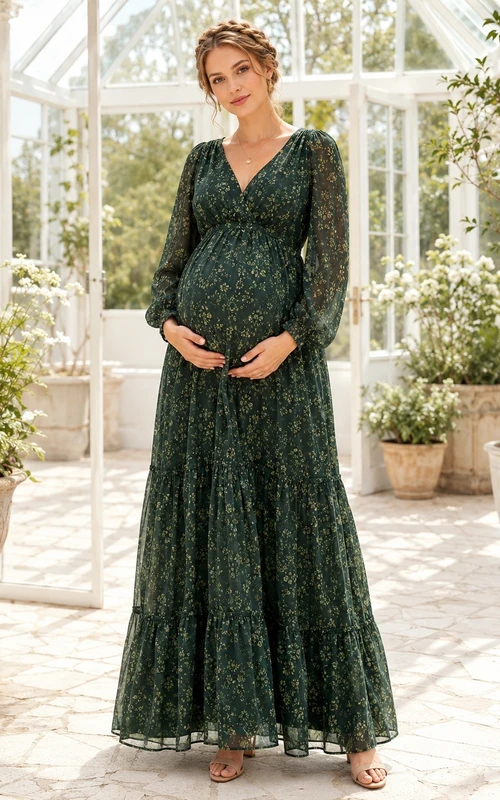 Dark Green Lace V-Neck Long Sleeve Maternity Maxi Dress