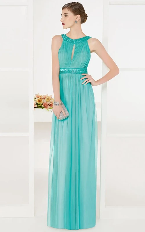 Langes Tüll-Abendkleid im Empire-Stil mit Schlüssellochausschnitt, Paillettenbesatz an Hals und Taille