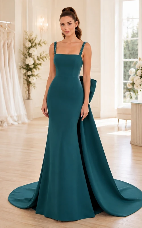 Dunkelgrünes, türkisfarbenes Brautkleid mit eckigem Ausschnitt, Schleife und Satin-Etui-Kleid mit Kapellenschleppe