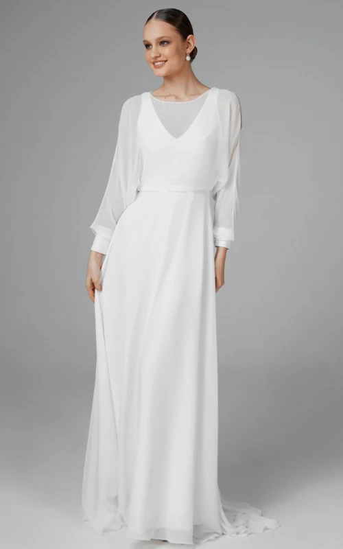 Vestido de novia informal de gasa con corte en A, escote barco y cola larga