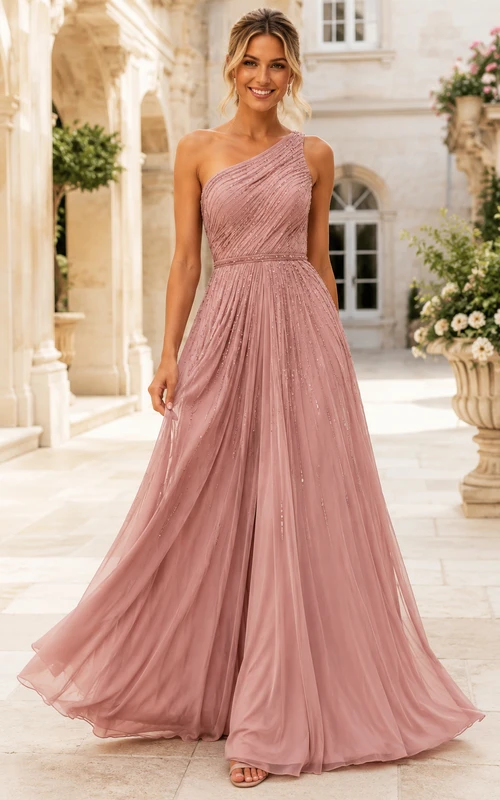 Dusty Rose One Shoulder Chiffon A-Line Bridesmaid Dress