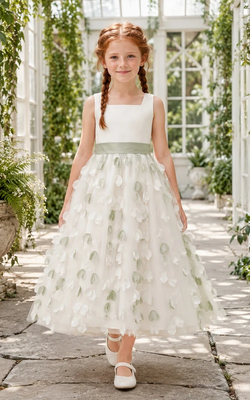 Elfenbeinfarbenes und salbeigrünes 3D-Blumenmädchenkleid mit ärmellosem Tüll-A-Linien-Rock, strukturiertem Blumenmuster, natürlicher Taille und langem Saum