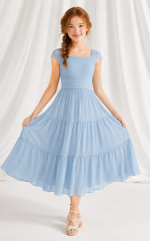 Himmelblaues Brautjungfernkleid für junge Mädchen, A-Linie, eckig, kurze Ärmel, Teelänge, Chiffon, gestuft, elegant