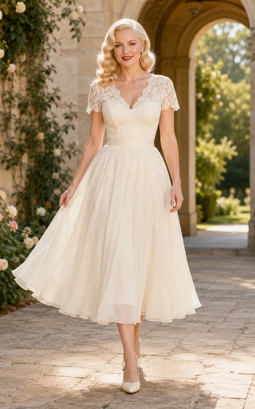 Vestido de novia vintage de gasa con escote corazón y mangas cortas, largo hasta la rodilla, estilo jardín.