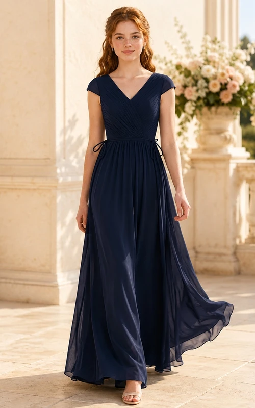 Dunkelblaues Brautjungfernkleid für junge Damen, A-Linie, V-Ausschnitt, kurze Ärmel, Chiffon-Taillengürtel, elegant