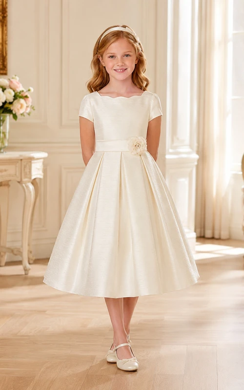 Vestido de iglesia de manga corta con lazo de satén para niña de las flores, largo hasta la rodilla.