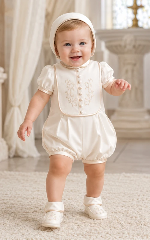 Eleganter elfenbeinfarbener Baby-Taufstrampler mit kurzen Puffärmeln und Stickerei