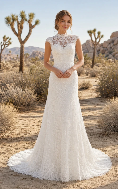 Robe de mariée désertique à col montant, manches courtes, entièrement en dentelle, fourreau et traîne chapelle