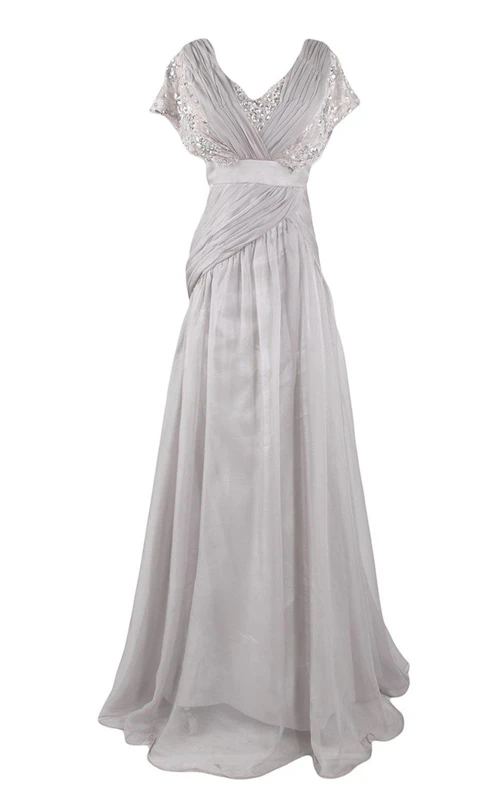 Kurzärmeliges, langes A-Linien-Kleid mit Pailletten und Falten