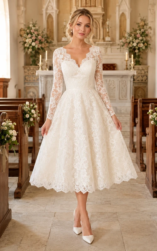 Romantic Tea Length Lace Long Sleeve V Neck Chapel Wedding Dress