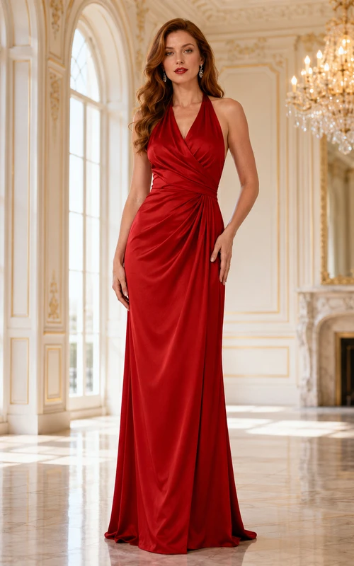 Red Halter Ruched Satin Floor Length Sheath Gown