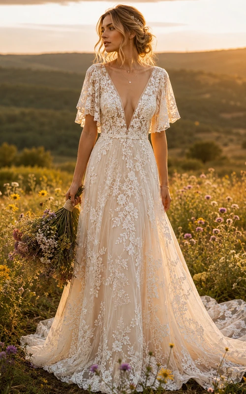 Boho-Hochzeitskleid in A-Linie aus Spitze mit V-Ausschnitt, kurzen Ärmeln und Spitzenapplikationen, bodenlang