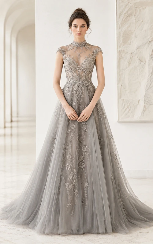 Robe de mariée formelle gris acier en dentelle, manches courtes, coupe trapèze, taille naturelle