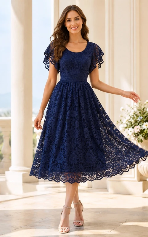 Robe de jardin vintage en dentelle marine, coupe trapèze, longueur thé, col rond, manches courtes