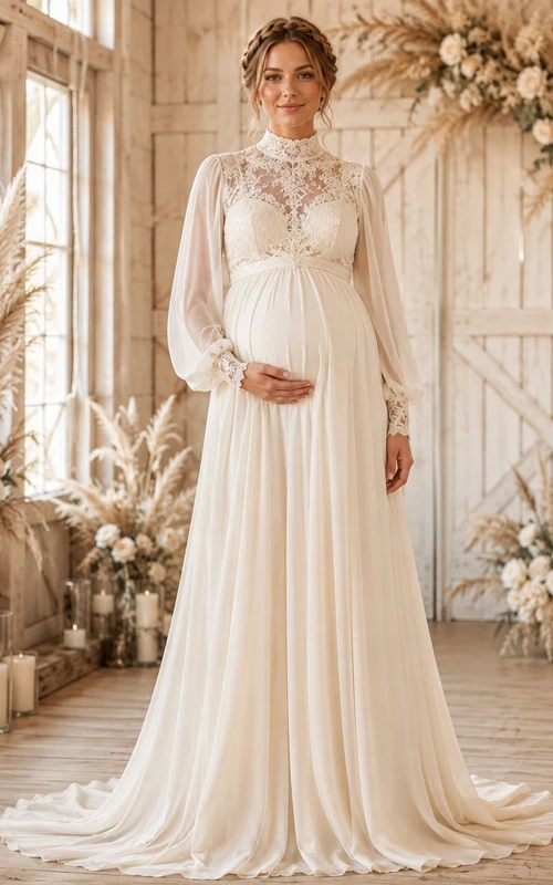 Bohemian Romantic High-Neck Long-Sleeve Lace-Tulle Tiered A-Line Floor-Length Wedding Dress