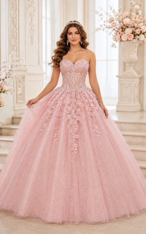 Zartrosa, trägerloses Luxus-Ballkleid für Quinceañeras mit floralen Applikationen