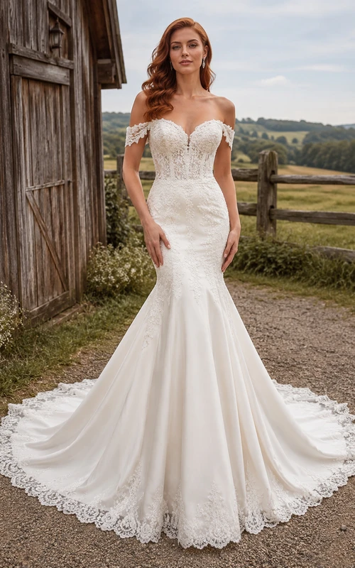 Vestido de novia de satén estilo sirena con hombros descubiertos y cola de encaje.