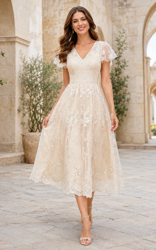 Vestido formal de gala color marfil con escote en V, mangas con volantes y encaje floral, corte en A, para presentación de té.