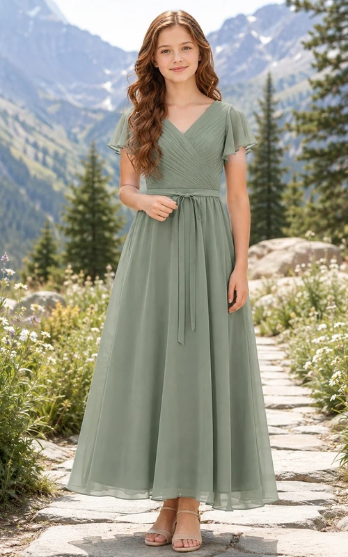 Celadonfarbenes Brautjungfernkleid für junge Damen, A-Linie, V-Ausschnitt, kurze Ärmel mit Blütenblatt-Schärpe, romantisch